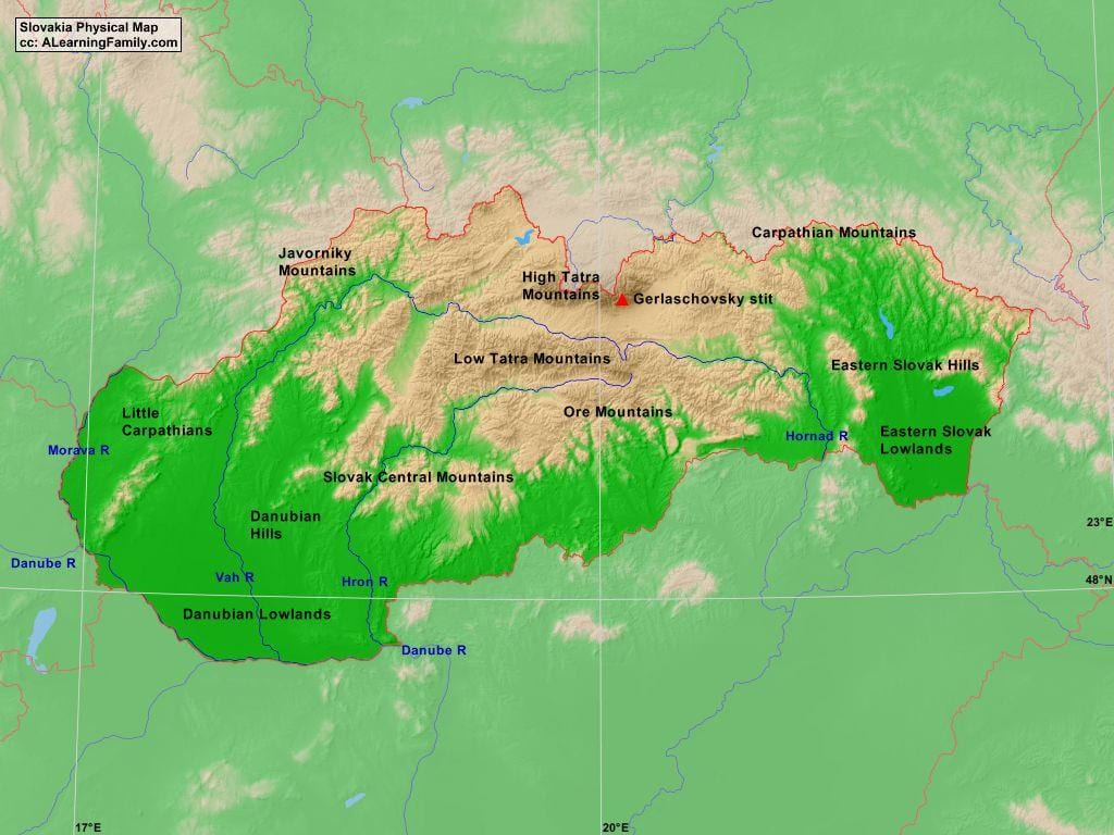 mapa de Eslovaquia montañas